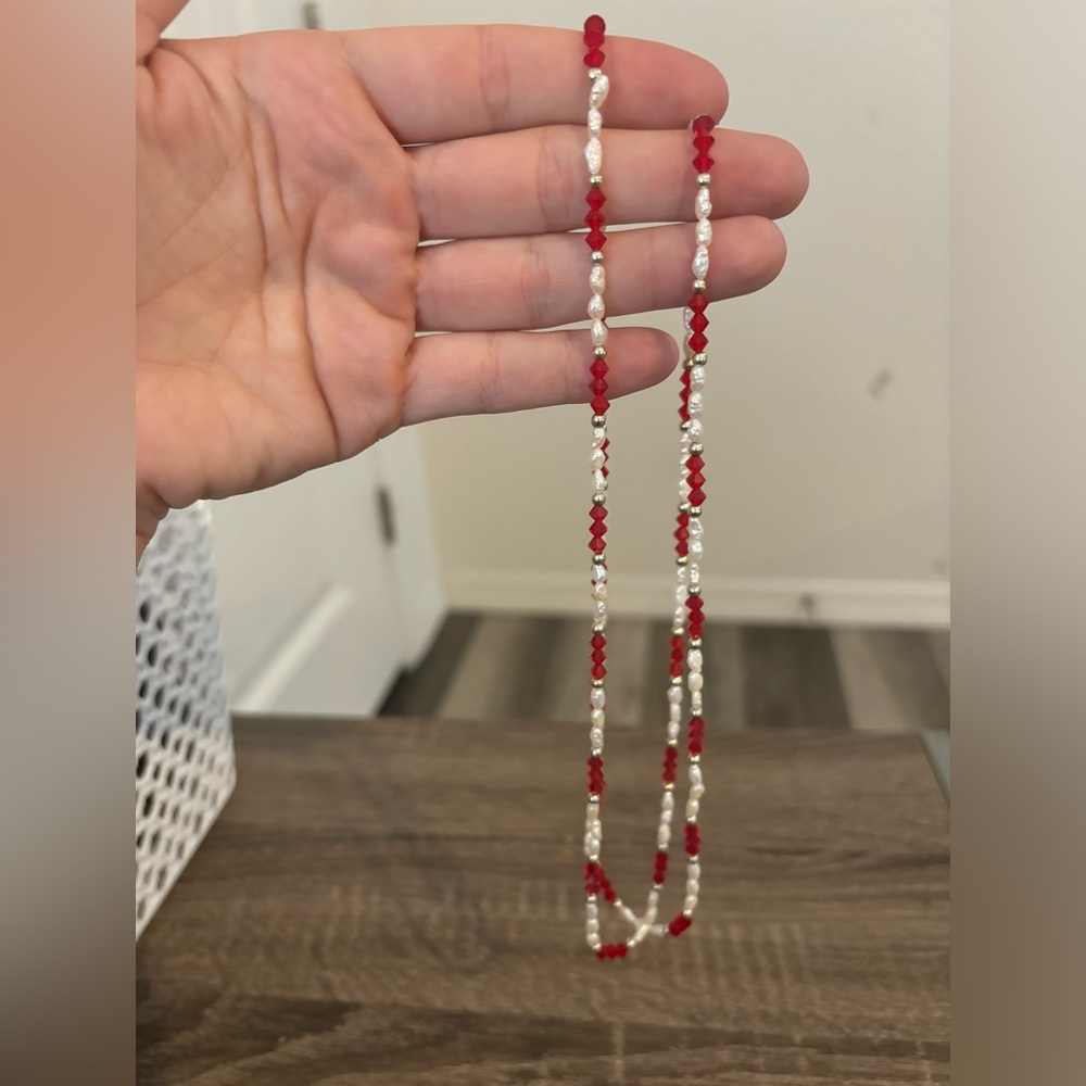 Vintage Authentic Freshwater Pearl Necklace with Red Crystals